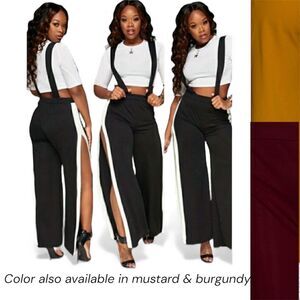 Women 2PC Set 3/4 Sleeve Crop Top Wide Leg Jumpsuit Outfit burgundy black mustar